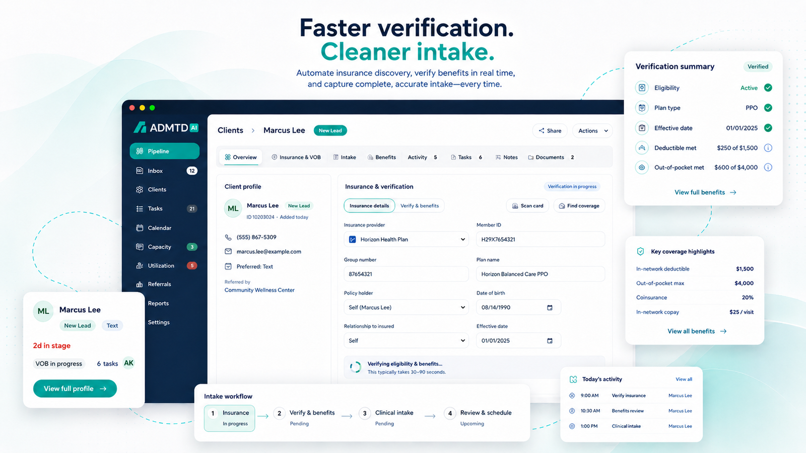 ADMTD insurance verification of benefits (VOB) and intake workflow